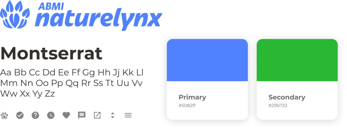 The NatureLynx logo along with samples of the font, icons, and the two colours used within the application.