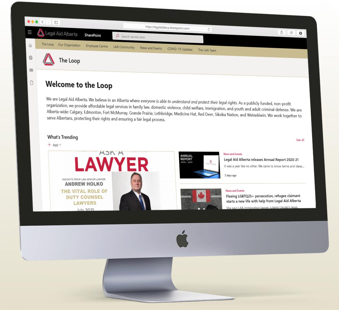 The home page of Legal Aid Alberta's digital workplace displayed on a monitor.