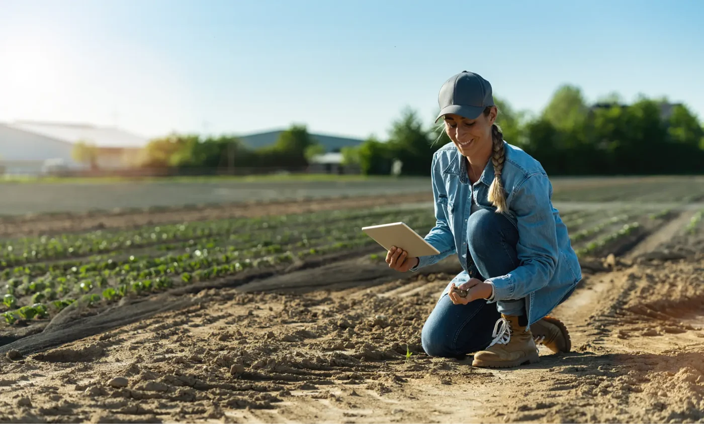 Farmer working with tablet in a field
