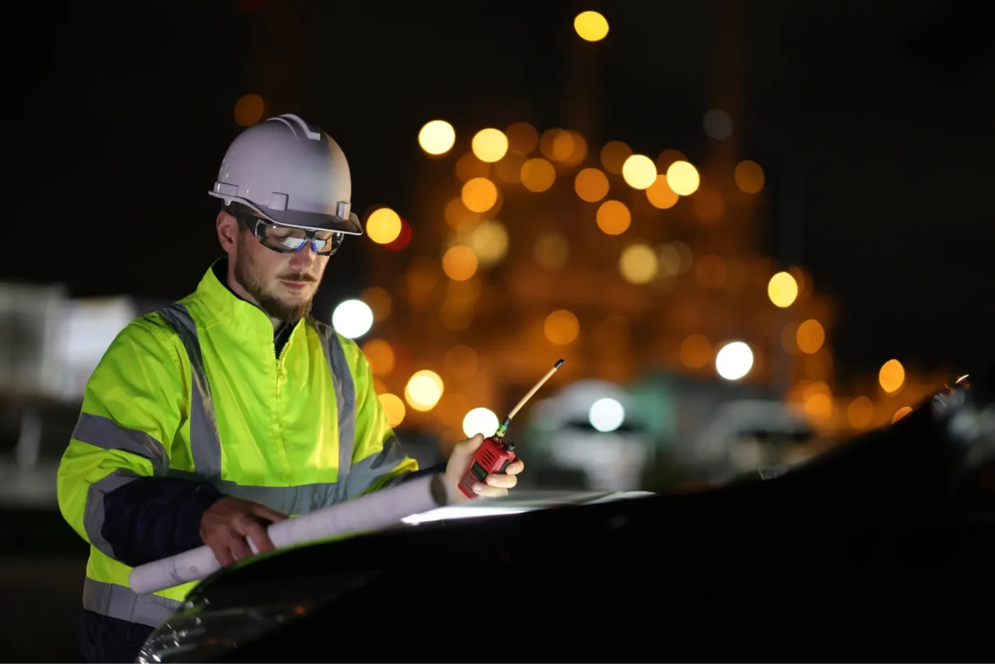 Engineering communicating with team via walkie talkie at night