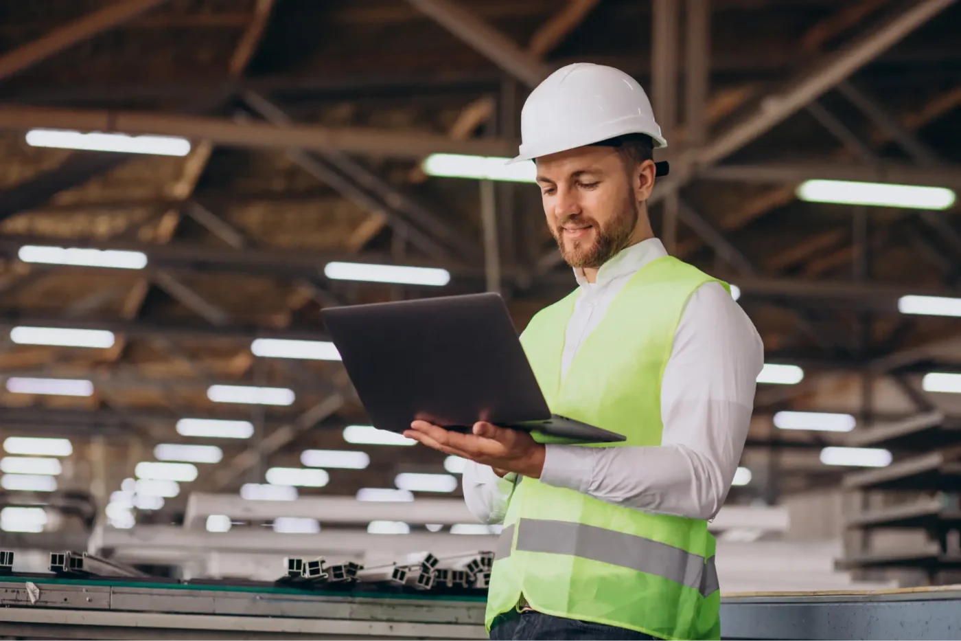 Engineer using a laptop in a factory