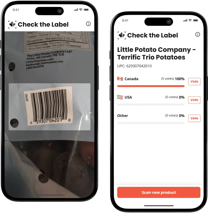 The Check the Label App scanning a bar code and displaying the results of the people that voted the product as originating in Canada, USA, or Other